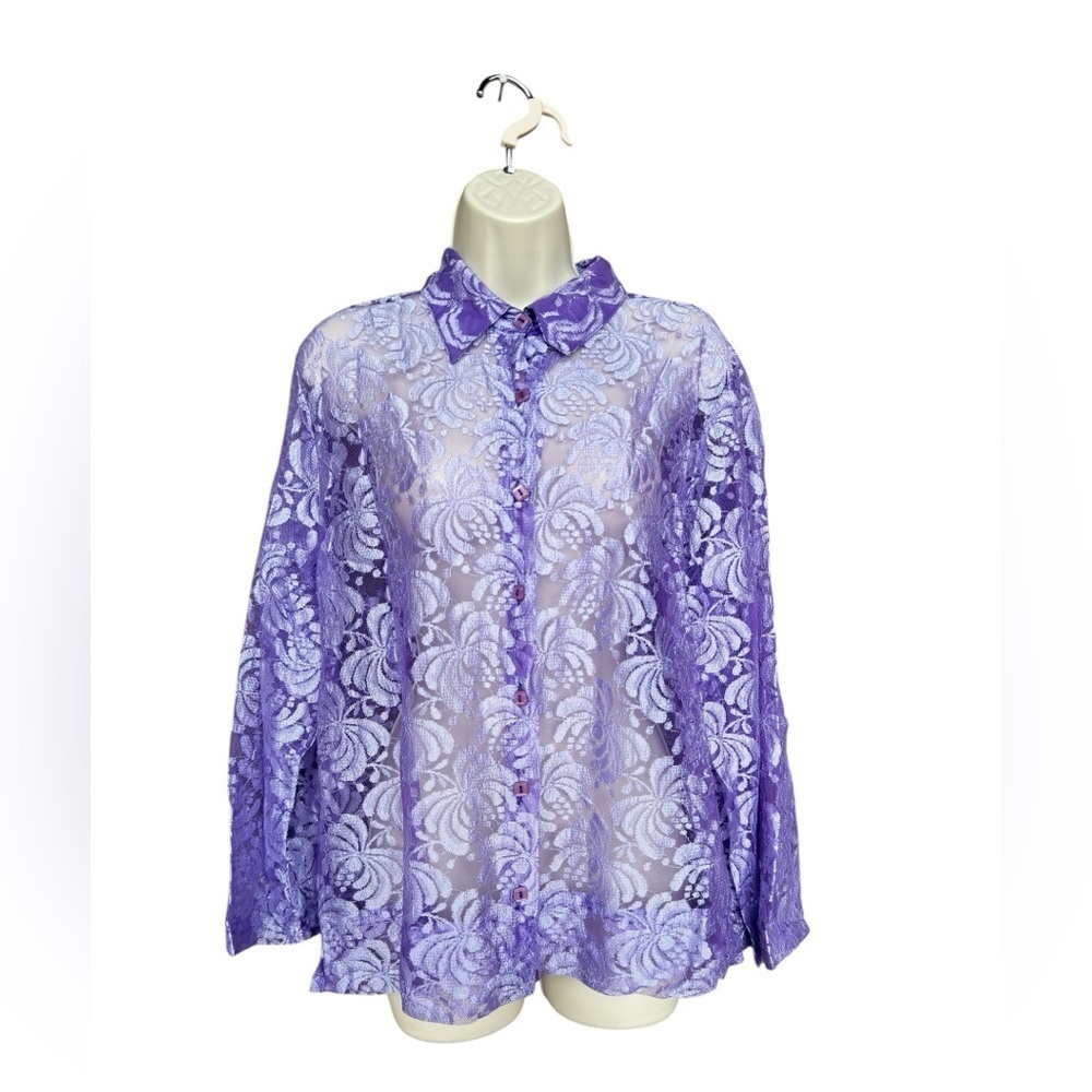 Vintage 80s Women’s Purple Sheer Lace Button Up Whimsical Size Large Fairycore